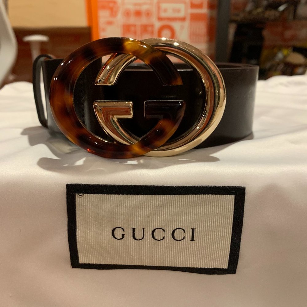 Gucci Belt GG Gold/Tortoise Brown Leather